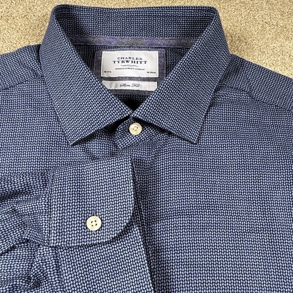 Charles Tyrwhitt Men XXL 2XL Blue Dress Shirt Size 18/37 Slim Fit